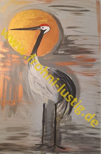 Kranich im Sonnenschein Kranich im Sonnenschein: Zeichnung Acryl und Goldpuder